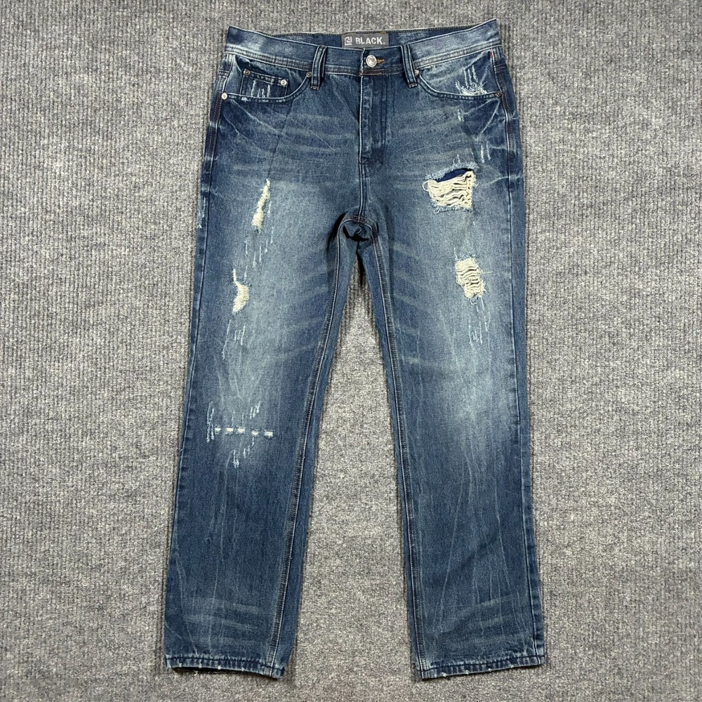 BLACK Mens Relaxed Straight‎ Jeans W34" L30.5" Blue Distressed Denim Mid Rise